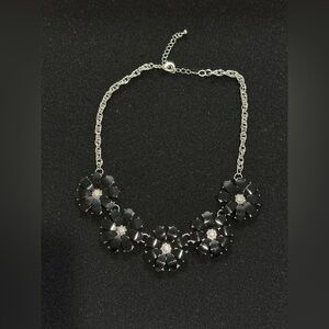 Black Enamel & Pearl Silver Tone Flower Blossom Bib Choker Necklace